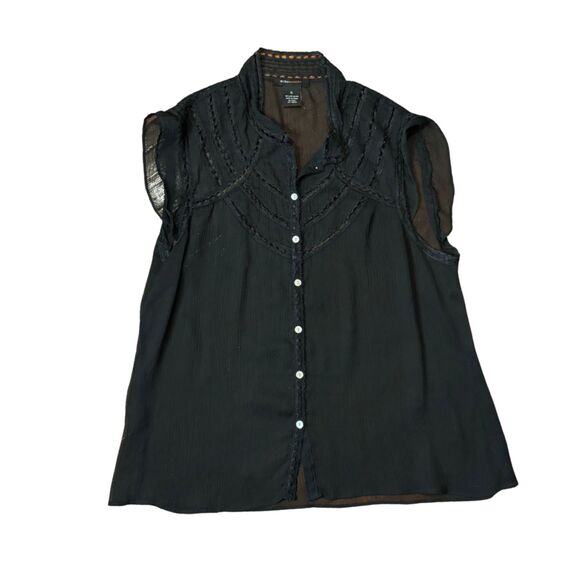 BCBG Max Azria Sheer Black Button Up Blouse Lace Trim Size XL - Picture 4 of 6